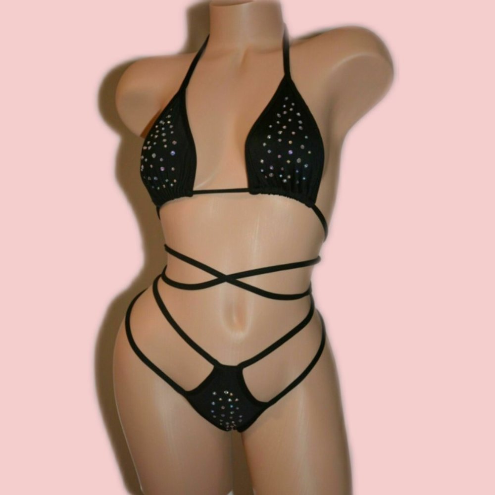 Jeweled Black Triangle Top Two-Piece Double G-String Bikini Set
